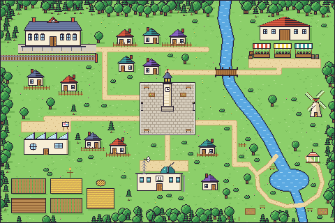 The town of Dotopia: a station, a market, a studio, a park, a lab and a clock tower square, drawn in ink.